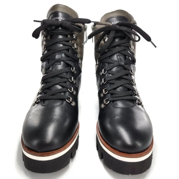 Aquatailia Morena Black & Olive Colorblock Leather Lace-Up Lug Sole Combat Boots - Picture 3 of 12